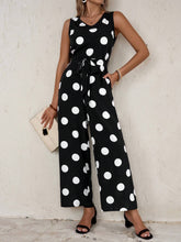 EMERY ROSE Women's Polka Dot Print Sleeveless Jumpsuit With Pocket, Round Neckline And Belted Waistband, Summer